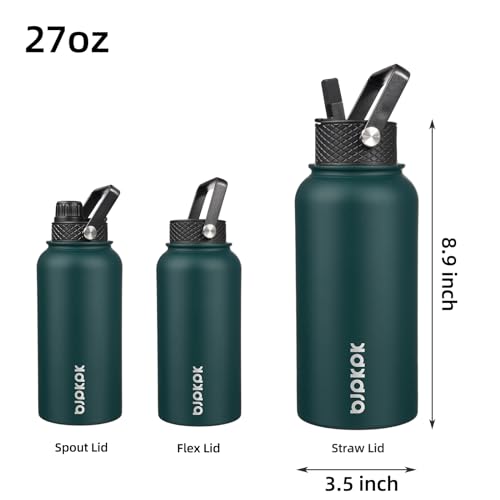 Image of BJPKPK Insulated Water Bottles with Straw Lid, 27oz Stainless Steel Water Bottle with 3 Lids, Leak Proof BPA Free Metal Thermos Mug, Sports Water Bottle Keep Cold & Hot- Army Green (Pack of 2)