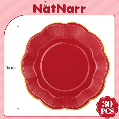 Image of 30 Pcs Red Plates with Gold Trim 9 Inch Scalloped Red Paper Dinner Plates