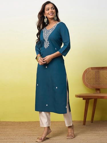 Image of Women's Silk Blend Embroidery Straight Kurta | Ethnic Kurtas for Women | Kurtis for Women Festive, Casual Office Wear Ethnic Kurta for Women