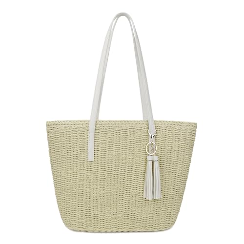 Image of Womens Large Straw Tote Bag Handmade Woven Shoulder Handbag Summer Beach Purse with Tassel
