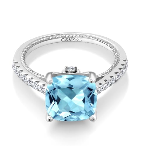 Gem Stone King 4.52 Cttw Sky Blue Topaz and White Created Sapphire Engagement Ring For Women | 925 Sterling Silver | Cushion 10MM | Gemstone Birthstone | Available In Size 5, 6, 7, 8, 9