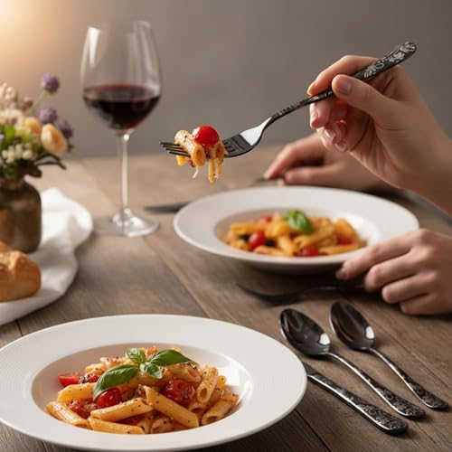 Image of 5 Pcs Black Floaral Stainless Steel Cutlery Set for Dining Table with Spoon and Fork Set & Butterknife - The Perfect Tableware /Flatware