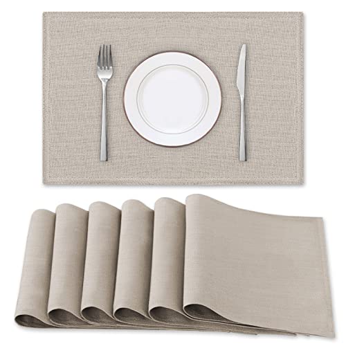 H.VERSAILTEX Linen Placemats Set of 6 Premium Solid Table Mats for Dining Table Spill-Proof Waterproof Heat-Resistant Kitchen Mats, Washable, 12x18 inches, Taupe
