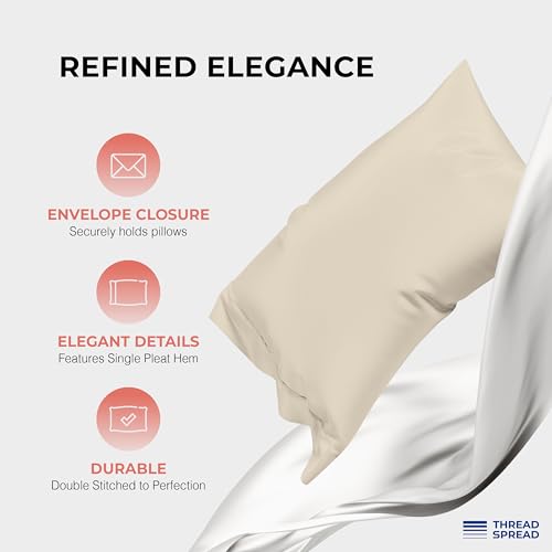 Image of THREAD SPREAD 100% Egyptian Cotton Sheets Queen Size - 1200 Series 4 PC Queen Sheet Set Egyptian Cotton, Sateen Weave Luxury Sheets Queen Size, High Thread Count Sheets, 17 inch Deep Pocket - Beige