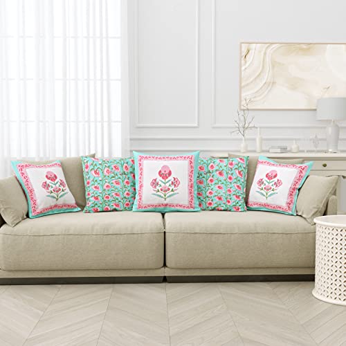 Image of BLOCKS OF INDIA Hand Block Printed Cotton Linen Cushion Cover (16 X 16 Inches) (Green Pink Motifs), 250 TC