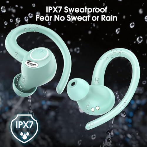 Image of Wireless Earbuds Bluetooth 5.3 Headphones Sports, 48H Earphone with ENC Mic, Stereo Deep Bass Bluetooth Earbuds with Secure Earhooks, LED Display, IPX7 Waterproof Over Ear Buds for Running Misty Blue