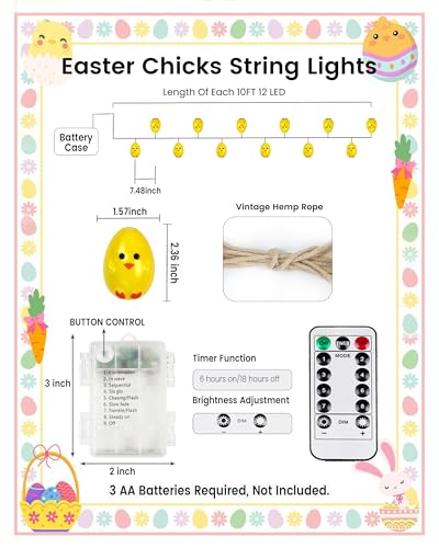 Image of YIQU Easter Decoration String Lights, 10FT 12LED Indoor Chick Mantel Garland Battery Operated with Remote Timer 8 Modes, Hemp Rope Banner for Fireplace Table Wall Spring Party Indoor Outdoor Decor