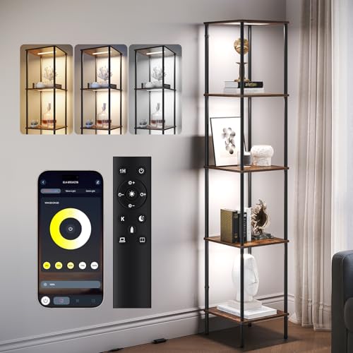 Image of SUNMORY 5 Tier Display Shelf with LED Light, Display Case for Collectibles with App & Remote Control, Display Curio Cabinet with 3 Color Temperatures, Dimmable Floor Lamp with Shelves for Living Room