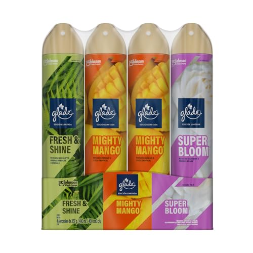 Aromatizantes, Home Glade Aromatizante para Hogar en Aerosol Edición Limitada Fresh and Shine, Mighty Mango y Super Bloom, Refresca y Elimina Olores de Forma Duradera, Pack de 4...