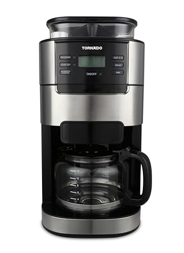 Tornado SFD Europe TCM-1025A-GS Cafetière à Filtre Manuelle avec Broyeur Conique, 1,5 L, 12 Tasses, 900-1050 W, Acier Inoxydable, Noir