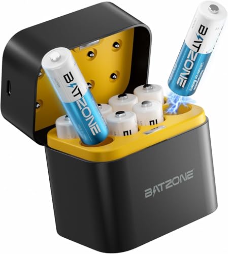 BATZONE Pilas Recargable AA de Litio con Cargador, 3000mWh Capacidad Alta Paquete de 8 Salida...