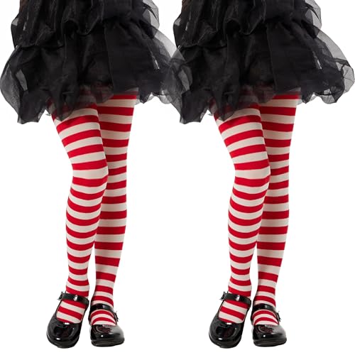MANZI Girls Colored Striped Tights Halloween Christmas Pantyhose Witch Striped Stockings X-Large Red+white