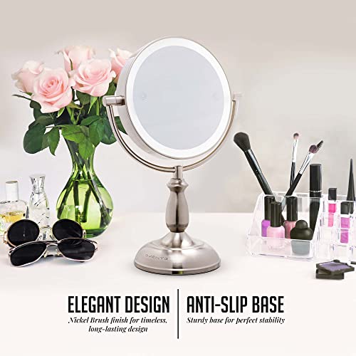 Image of OVENTE 8 inch Lighted Tabletop Makeup Mirror, Nickel Brushed MPT751BR1X10X | Double Sided Table Mount Vanity Mirror with 1X /10X Magnification, 360 Rotation, 3-Tone Smart Touch LED Lights, Auto Shutoff