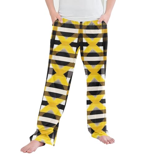 Yellow Black Buffalo Plaid Long Pajama Pants Elastic Waist PJ Bottoms with Pockets S A111918