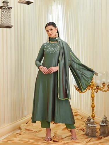 Image of MOKOSH Women's Silk Hand Work Anarkali Kurta Pant with Dupatta | Anarkali Kurta Pant | Embroidered | Round Neck Full Sleeve | 3 Piece Outfit | Ethnic Wear