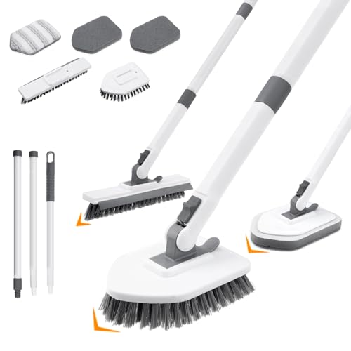 4 in 1 Shower Scrubber Cleaning Brush, Tub and Tile Scrubber with Long Handle, Grout Brush Stiff Bristles Scrub Sponge Brushes Microfiber Pad, for Toilet Bathroom Kitchen Wall Floor Glass Bathtub Sink