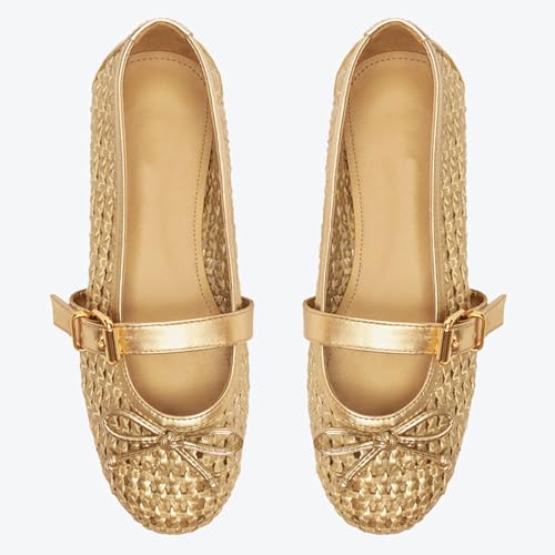 Image of Woven Ballet Flats Shoes for Women with Strap Charming Comfortable Casual Elegance Flat Mary Janes Suitable for Woven Bags