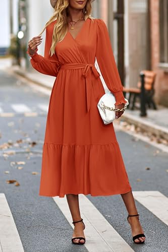 Image of PRETTYGARDEN Women's Floral Boho Dress Fall Long Sleeve Wrap V Neck Ruffle Flowy Maxi Spring Wedding Guest Vacation Dresses