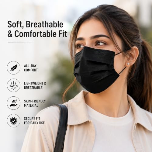 Image of Pack of 100 Disposable 3-Ply Face Mask | Soft on Skin | With Elastic Earloops and Nose Clip | Great For Office, School, Home, Kitchen and Outdoors | Unisex