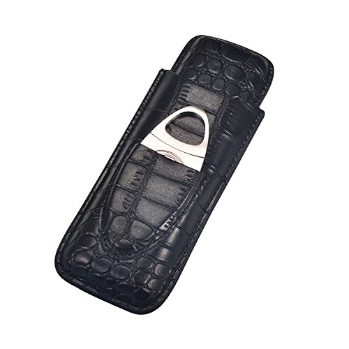 Volenx Travel Cigar Case for 2 Cigars, Leather Humidor Cigar Case with Stainless Steel Cigar Cutterï¼ˆBlackï¼‰
