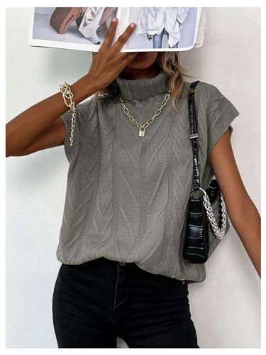 SweatyRocks Women's Turtleneck Sweater Vest Cap Sleeve Loose Cable Knit Vest Tops4