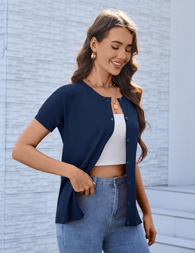 Image of FreshNight Women's 2025 Short Sleeve Cardigan Button Up Hollowed Out Crewneck Shrug Sweaters Knit Sweater Tops Lightweight