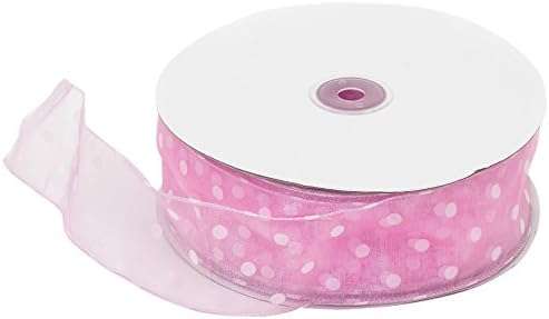 LinenTablecloth White Dots on Pink Organza Wired Ribbon, 2-Inch by 50-Yard
