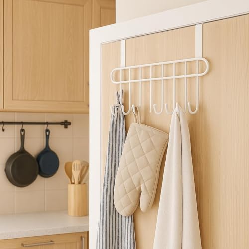 Image of Kundi Multi-Functional Over-the-Door Hook Hanger Rack - Heavy-Duty Steel Wall Hook Organizer with 7 Hooks for Clothes, Towels, Kitchen & Bathroom (Set of 2 White)