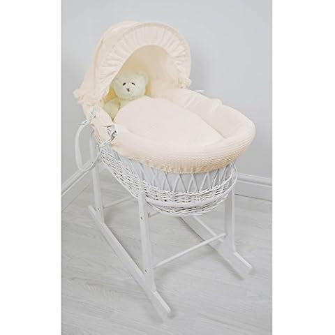 Luxury British Made White Wicker Moses Basket With Thick Waffle Dressing/Covers. Inc White Rocking Stand (Cream/Ivory) Cover