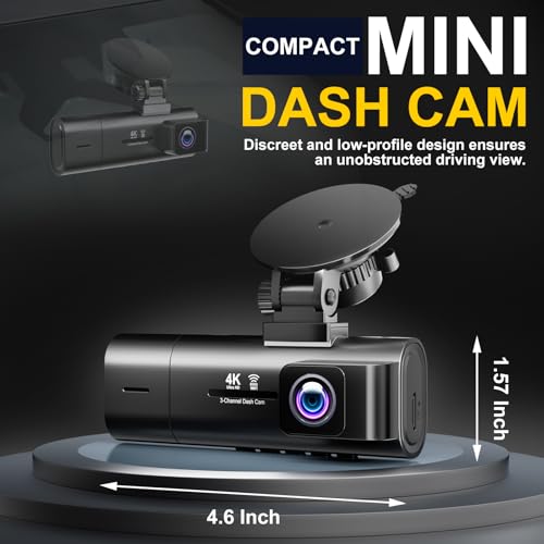 3 Channel 4K Dash Cam Front Inside and Rear, 5GHz WiFi, Car Camera Built-in 64GB Card, 4K+1080P+1080P Triple Lens Dash Camera, 3.16" Screen, Night Vision, WDR, G-Sensor, Loop Recording, Parking Mode - Image 2