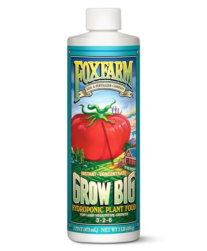 FoxFarm Grow Big Hydroponic Plant Food - 3-2-6 Liquid Plant Fertilizer for Lush Vegetative Growth in Hydroponic Systems - Liquid Concentrate with Earthworm Castings & Micronutrients - 1 Pint