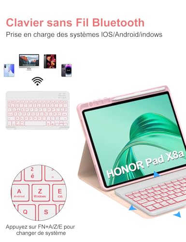 Housse Clavier Honor Pad X8a 11 Pouces Rose Idéal Télétravail et Prise de Notes Café