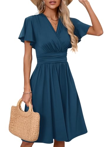 Image of Women's Casual Summer Dress V Neck Short Sleeve Flowy Stretchy Comfort Fit for Daily Wear Work Midi Dresses