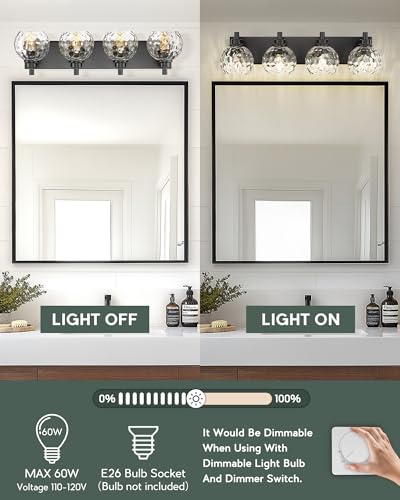 Image of Bathroom Light Fixtures Over Mirror, 26 inch Matte Black Vanity Light with Clear Hammered Glass Globe Shade, 4-Light Modern Sconces Wall Lighting for Bedroom Hallway, VL200-MB-CL-4