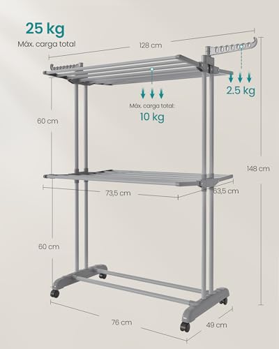 Miniatura 7 de Songmics Tendedero, Tendedero Plegable De 3 Niveles, Con Ruedas, Alas Plegables, 63,5 X 128 X 148 Cm, Gran Capacidad, Montaje Fácil, Uso Interior Y Exterior, Gris Paloma Llr702g01