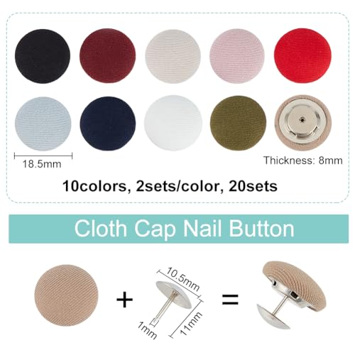BENECREAT 20 Set 10 Color Cloth Covered with Metal Buttons, 18.5mm Cloth Covered Baseball Cap Button Top Replacement - Image 2