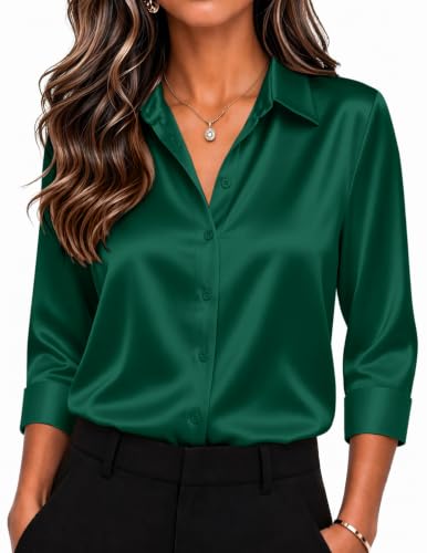 Image of Zeagoo Womens Satin Blouses Button Down Shirts 3 /4 Sleeve Dressy Tops S-2XL