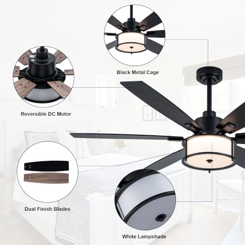 Image of 60 inch Modern Ceiling Fan with Lights Remote Boho Caged Ceiling Fan | APP Remote Control Black Industrial Fandelier, 3CCT Dimmable Chandelier LED Light Fixture, Reversible for Living Room Bedroom