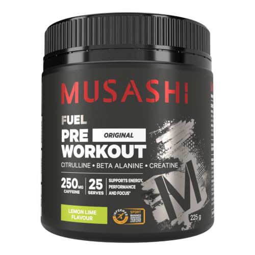 Musashi Pre Workout Powder, Lemon Lime, Energy & Focus Formula, Pre-Training Performance Supplement, Muscle Endurance & Strength Support, 225g