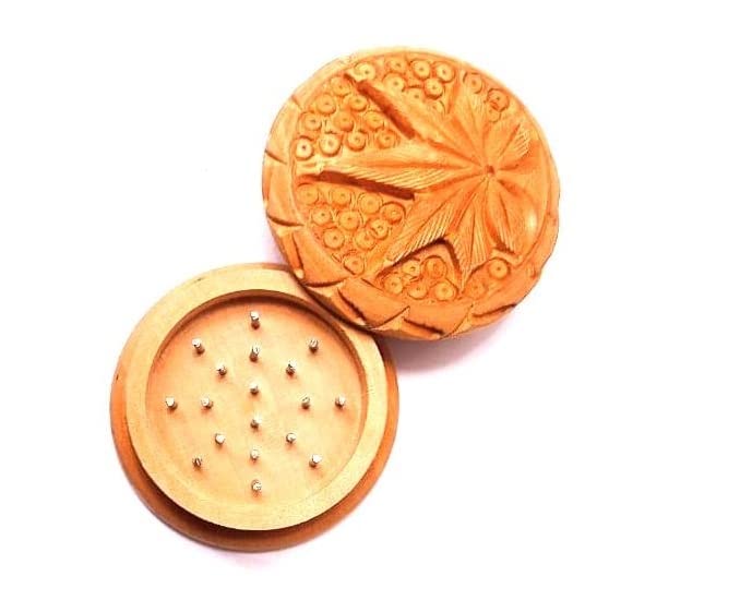 Herb Grinder 2 Part Wooden Leaf Crusher Carved Leaf Lid (Set of 1)