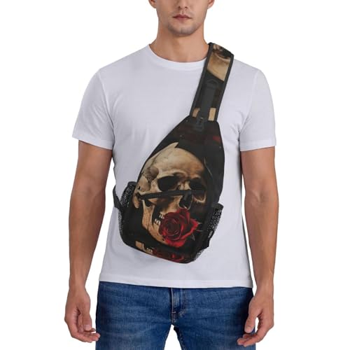 Bolso Cruzado Calavera Y Rosa Roja Casual Unisex miniatura 7