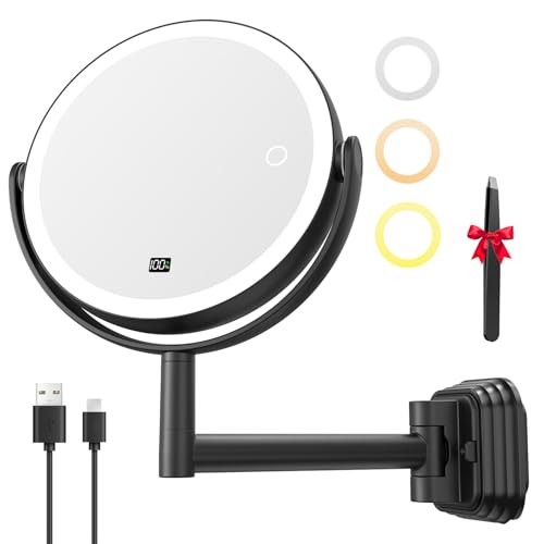 Auxmir Kosmetikspiegel ohne Bohren mit 1X/30X Vergrößerung LED Beleuchtung Dimmbarer Schminkspiegel mit 3 Lichtfarben 360 Drehbarer Vergrößerungsspiegel Wandmontage für Badezimmer und Hotel