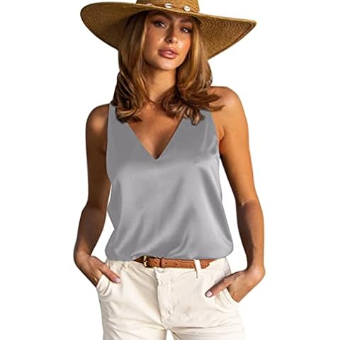 Aoulaydo Womens Sleeveless Camisole Blouses Silk Layered Tank Tops Summer Casual Loose Fit Basic Stain Tank Shirts Silver/Light Grey Cover