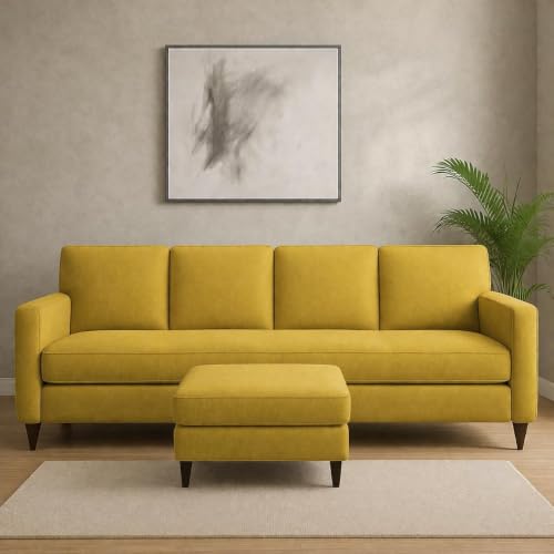 Image of Carlos 5-Seater Sofa Set with Ottoman (Yellow Fabric) | Premium Fabric Modern Sofa for Living Room, Home & Office | Stylish Furniture for Hall & Lounge Room