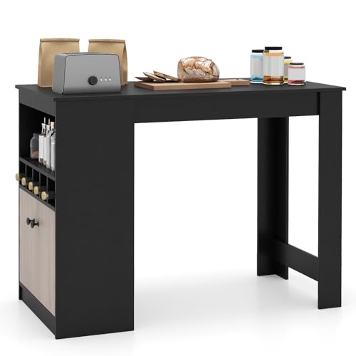 Giantex 48 Dining Table Counter Height Bar Table with Storage Cabinet Wine Rack Compartment & Adjustable Shelf Modern Bistro Tables for Home Coffee Shop Kitchen Pub Black & Gray