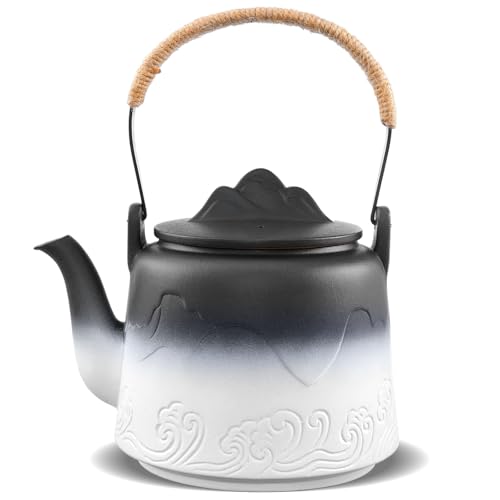 ZENS Vintage Japanese Teapot, 33.8 oz Gradient Embossed Ceramic Loose Leaf Tea Pot with Built-in Filter for Tea Steeper, Hemp Rope Handle Japanese Teapot for Tea Lovers Gifts, Black & White