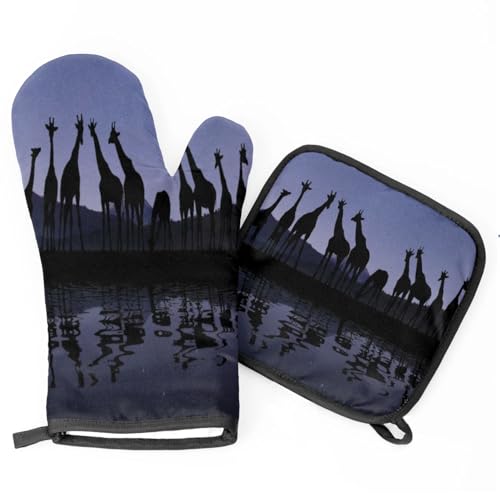 River Giraffe Silhouette Oven Mitts Kitchen Oven Gloves for Cooking Baking Heat Proof Lining Cotton Kitchen Potholder Mittens Pot Holders Hot Pads for Chef Women Men