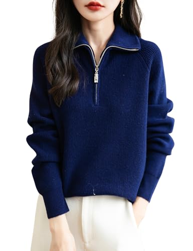 Women's 100% Merino Wool Sweater 2025 Fall Winter 1/4 Zip Pullover Casual Long Sleeve Knit Sweater Tops