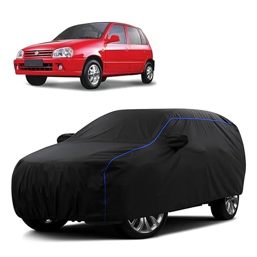 Image of Sulfar 100% Water Resistant Car Body Cover Compatible with Mirror for Maruti Suzuki Zen (Triple Stitched, Full Bottom Elastic, Black Tafetta with Blue Piping)