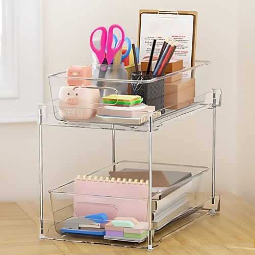 2 Pack Organizador Transparente de Plástico Bajo Fregadero de Doble Nivel con Cajones Deslizantes, Estante Removible con Bandeja, Asa y Pies Antideslizantes para Cocina, Baño y Gabinete miniatura 5
